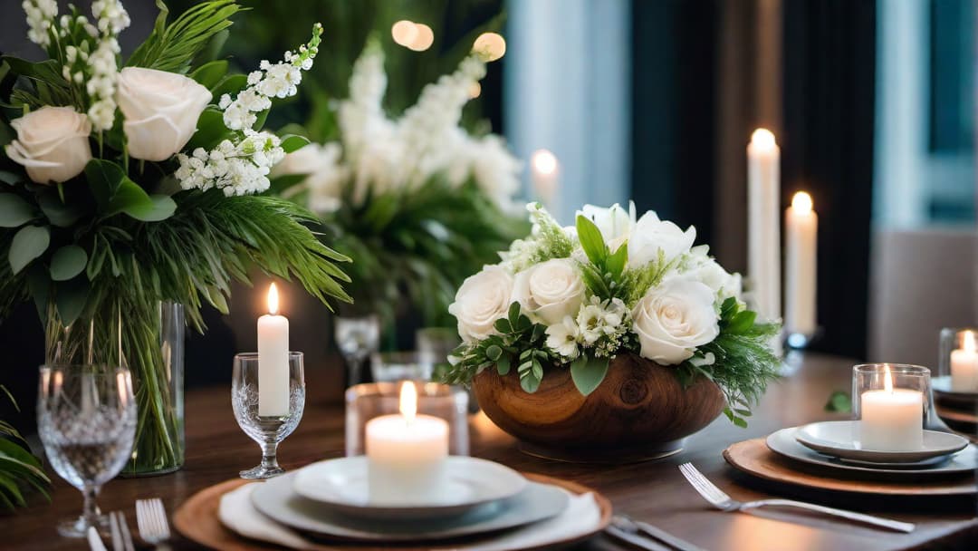  Create an image of an elegant wedding table centerpiece featuring a lush arrangement of greenery, white flowers, and candles on a wood slice base. The setting should convey a refined and luxurious atmosphere suitable for a formal wedding. Include elements that evoke a romantic and sophisticated ambiance. hyperrealistic, full body, detailed clothing, highly detailed, cinematic lighting, stunningly beautiful, intricate, sharp focus, f/1. 8, 85mm, (centered image composition), (professionally color graded), ((bright soft diffused light)), volumetric fog, trending on instagram, trending on tumblr, HDR 4K, 8K