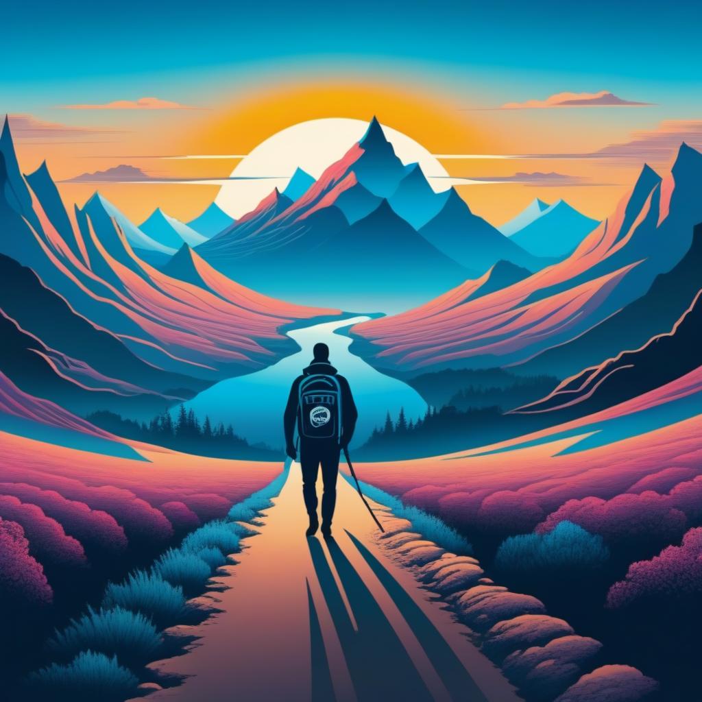  Logo, (surrealism style), Wanderer auf dem Weg in die Berge bei blauen Sonnenaufgang Richtung „Norden“