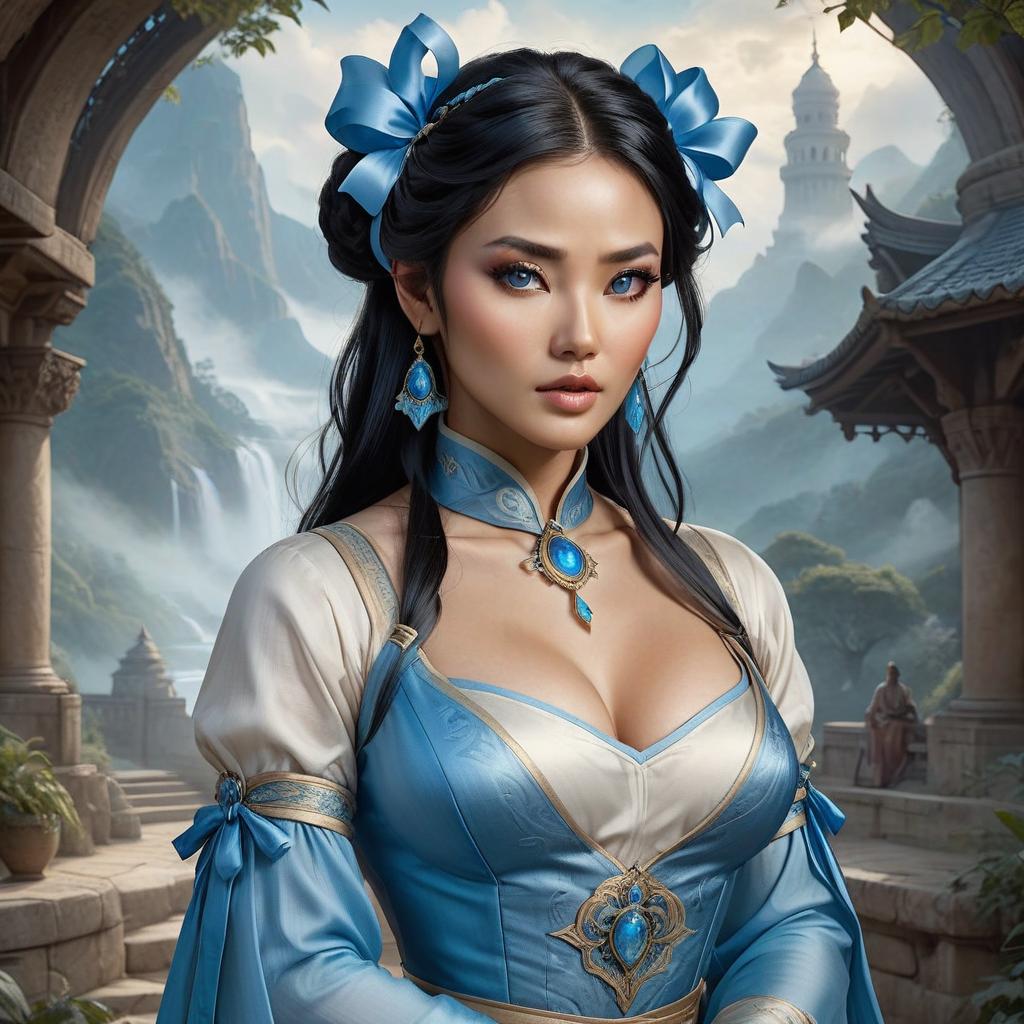  ethereal fantasy concept art of A ten yea with black hair tied into a single id, wearing a blue ribbon in her hair, eyes blue, giving a stern look in the fantasy world. . magnificent, celestial, ethereal, painterly, epic, majestic, magical, fantasy art, cover art, dreamy, on parchment, hkmagic hyperrealistic, full body, detailed clothing, highly detailed, cinematic lighting, stunningly beautiful, intricate, sharp focus, f/1. 8, 85mm, (centered image composition), (professionally color graded), ((bright soft diffused light)), volumetric fog, trending on instagram, trending on tumblr, HDR 4K, 8K