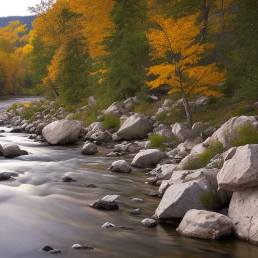  A beautiful landscape, river, rocks, trees