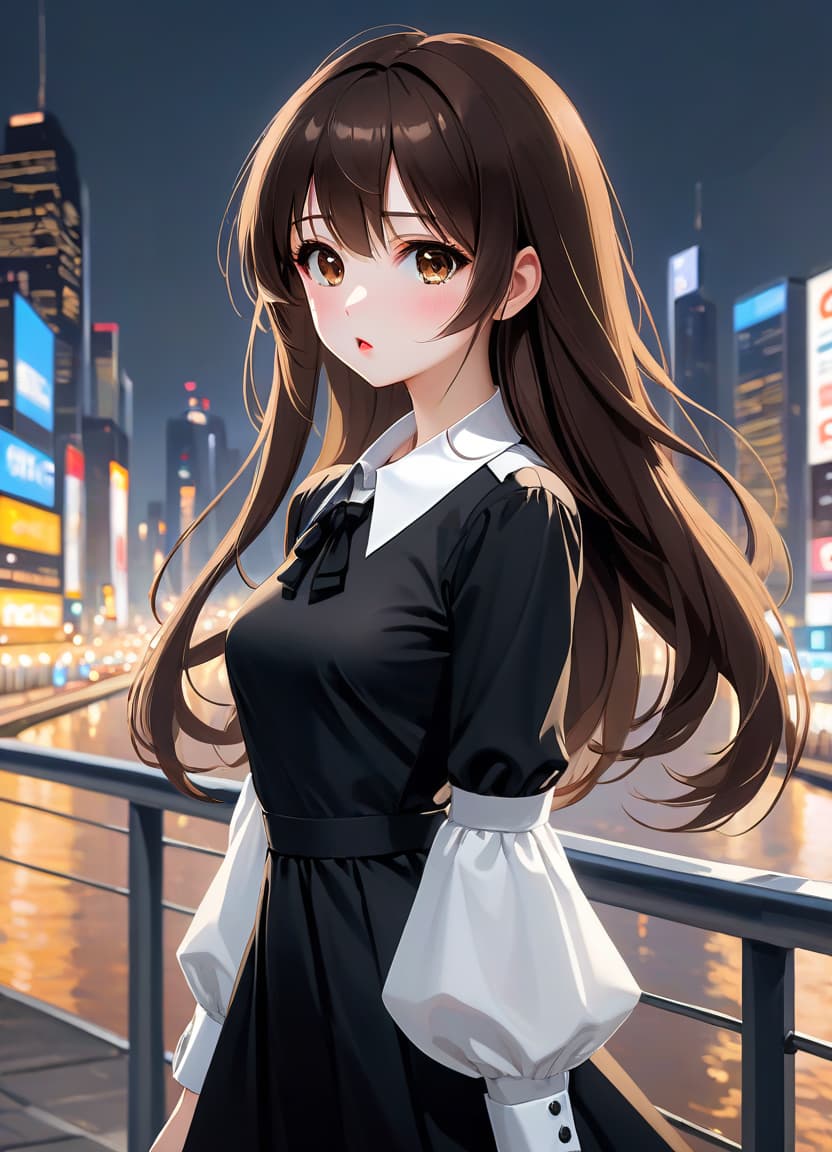  anime artwork beautiful , , oblique bangs, a mole under the lower lip in the middle of the chin. white skinned, European, brown eyes, long brown straight hair, side bangs, mole under the lower lip, slender figure, small neat s, dressed in a black dress with a white collar and white cuffs, full length, against the backdrop of a modern city. Skyscrs of Moscow City (photorealism, oil painting: 1.3), (full length shot: 1.3), charming , long flowing black hair, (large sensual mouth: 1.2), plump lips, sparkling brown eyes , narrow waist, (sensual drawing: 1.2), silvery glow, ethereal aura, detailed brushwork, intricate shadows and highlights, mysterious and captivating expression, unique color palette, masterf hyperrealistic, full body, detailed clothing, highly detailed, cinematic lighting, stunningly beautiful, intricate, sharp focus, f/1. 8, 85mm, (centered image composition), (professionally color graded), ((bright soft diffused light)), volumetric fog, trending on instagram, trending on tumblr, HDR 4K, 8K