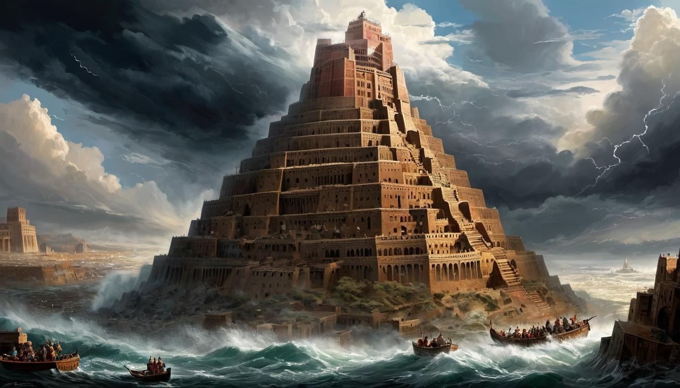  digital painting of The Tower of Babel rising perilously high into the stormy sky, barely stable, divine forces focused upon it, cosmic, precarious, tense looking at viewer, dynamic pose, (intricate details, masterpiece, best quality)