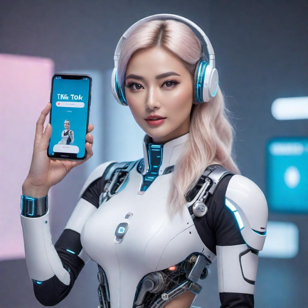  A friendly AI assistant asking the user about the content of their TikTok video. The scene shows a chatbot interface with the AI posing a question and waiting for the user's response. The background is bright and encouraging, with elements like a computer screen and social media icons to indicate an online conversation. hyperrealistic, full body, detailed clothing, highly detailed, cinematic lighting, stunningly beautiful, intricate, sharp focus, f/1. 8, 85mm, (centered image composition), (professionally color graded), ((bright soft diffused light)), volumetric fog, trending on instagram, trending on tumblr, HDR 4K, 8K