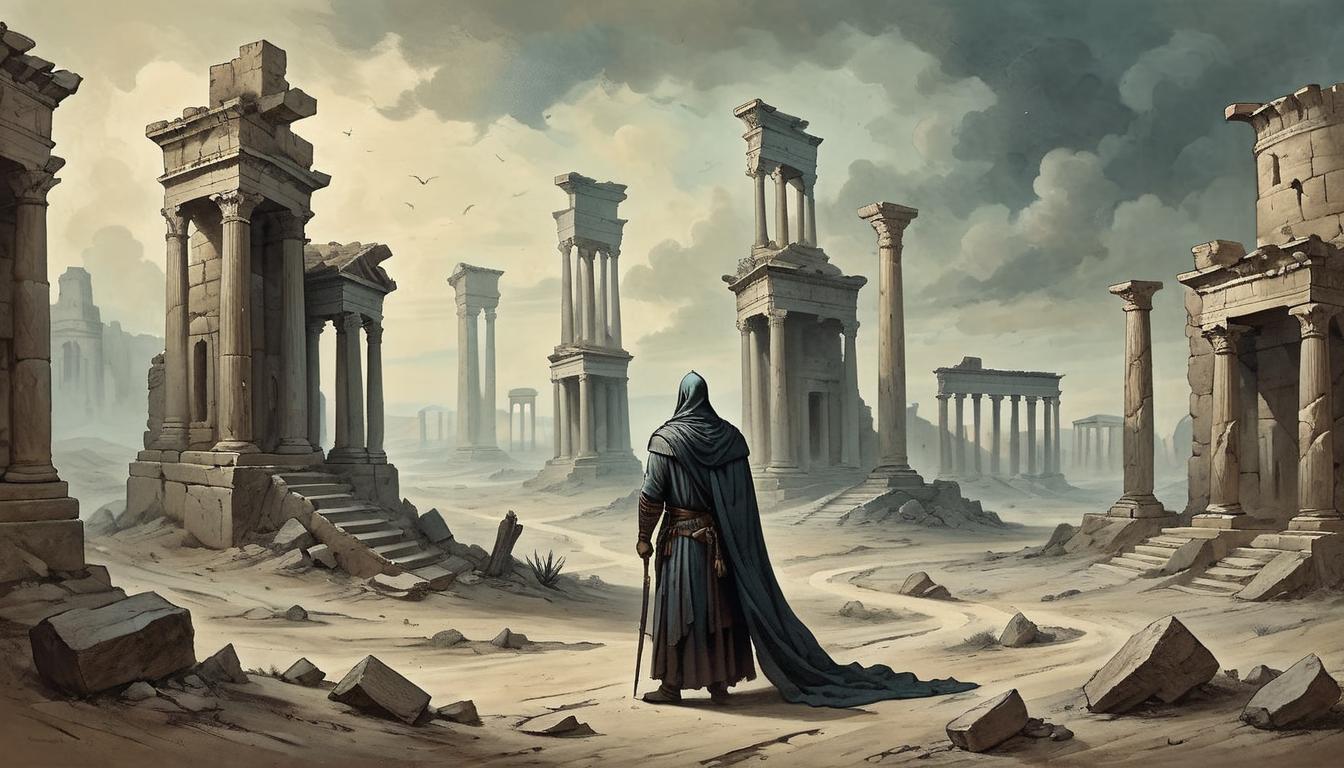  on parchment, surrealism+++, A figure in a desolate landscape, surrounded by ancient ruins, signs of strength, profound energy, broken columns, melancholic ambiance, resilient posture(mysterious, provocative, symbolic,muted color)+++