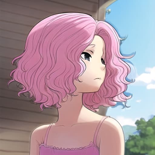  Short, wavy, Pink hair