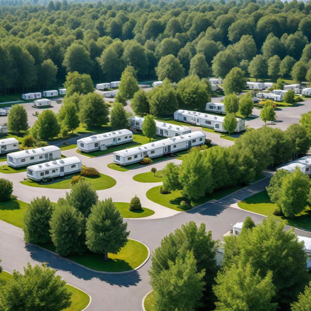  A typical mobile home park with various mobile homes lined up, green lawns, paved roads, utility hookups for water, electricity, and sewage. The park should look well-maintained, with trees and some landscaping to make it a pleasant community to live in. Include areas for amenities such as a playground or a community center. hyperrealistic, full body, detailed clothing, highly detailed, cinematic lighting, stunningly beautiful, intricate, sharp focus, f/1. 8, 85mm, (centered image composition), (professionally color graded), ((bright soft diffused light)), volumetric fog, trending on instagram, trending on tumblr, HDR 4K, 8K