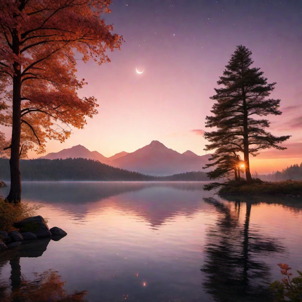  A stunning sunrise with stars in the sky. The image should feature the sun just beginning to rise over the horizon, with vibrant colors like orange, pink, and gold. The sky should also have twinkling stars still visible as the night transitions to morning. The foreground can include a calm lake or ocean reflecting the colors of the sunrise, and silhouettes of trees or mountains to add depth. hyperrealistic, full body, detailed clothing, highly detailed, cinematic lighting, stunningly beautiful, intricate, sharp focus, f/1. 8, 85mm, (centered image composition), (professionally color graded), ((bright soft diffused light)), volumetric fog, trending on instagram, trending on tumblr, HDR 4K, 8K