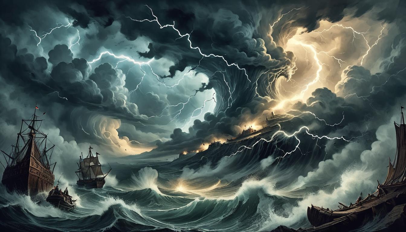  on parchment, surrealism+++, A fierce tempest swirling in a dark sky, lightning bolts striking violently, storm clouds spiraling out of control, relentless fury, chaotic vengeance(mysterious, provocative, symbolic,muted color)+++