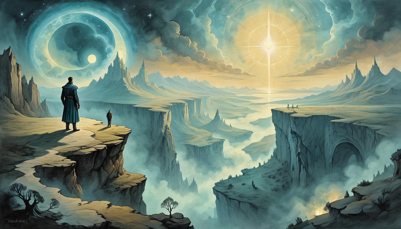  on parchment, surrealism+++, An individual standing at the edge of a cliff, glowing aura, looking out over a vast landscape, light emanating from their heart, transformation, purpose, divine fulfillment(mysterious, provocative, symbolic,muted color)+++