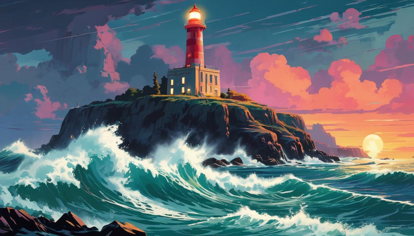  retro futuristic Lighthouse on a cliff, stormy sea, vigilance. lvintage sci fi, 50s and 60s style, atomic age, vibrant, highly detailed