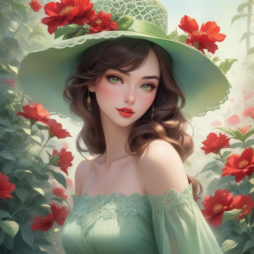  A digital artwork of a young woman with wavy brown hair, wearing a green hat adorned with a red flower, with a soft focus background. Create the image of a young woman with a fair complexion and soft facial features. She has charming almond shaped hazel eyes and full lips that add to her serene expression. Her wavy, dark brown hair falls gracefully under a wide brimmed, light green hat decorated with intricate lace patterns and a delicate red flower. The background merges with her form in a dreamy watercolor blend of green, red and hints of yellow, suggesting a mix of floral and abstract elements. The woman wears an off the shoulder top with a touch of blue, adding to the overall soft and artistic atmosphere of the scene. The composition  hyperrealistic, full body, detailed clothing, highly detailed, cinematic lighting, stunningly beautiful, intricate, sharp focus, f/1. 8, 85mm, (centered image composition), (professionally color graded), ((bright soft diffused light)), volumetric fog, trending on instagram, trending on tumblr, HDR 4K, 8K