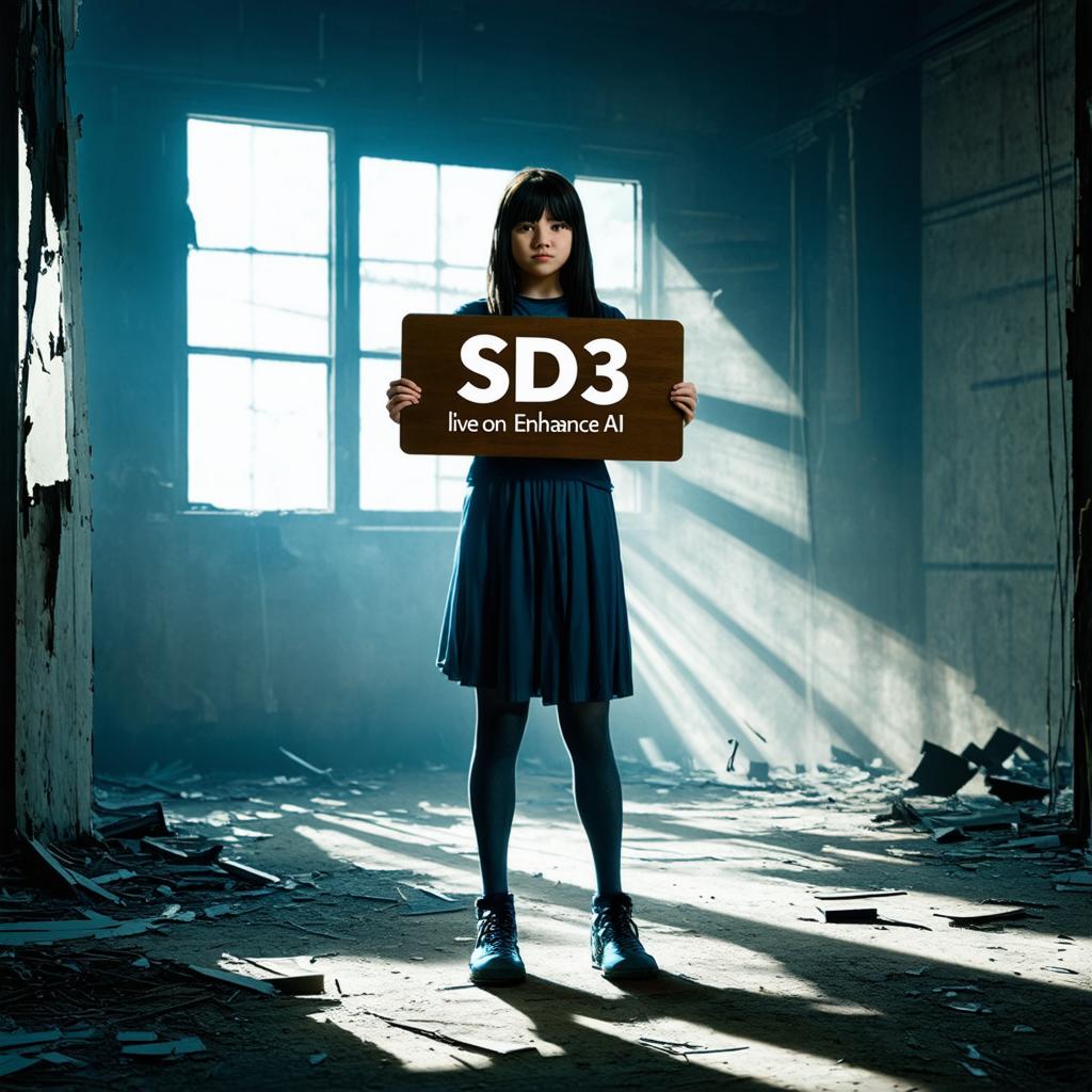  A cinematic portrayal of a girl holding a board that says "SD3 live on Enhance AI," standing in an abandoned warehouse with rays of sunlight filtering through broken windows, creating a moody and intense environment.