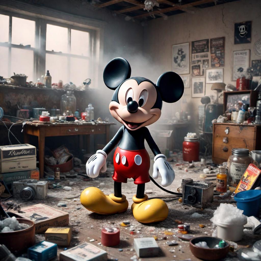  Mickey Mouse high on cocaine with a disheveled appearance, in a chaotic and messy room with drug paraphernalia around. hyperrealistic, full body, detailed clothing, highly detailed, cinematic lighting, stunningly beautiful, intricate, sharp focus, f/1. 8, 85mm, (centered image composition), (professionally color graded), ((bright soft diffused light)), volumetric fog, trending on instagram, trending on tumblr, HDR 4K, 8K