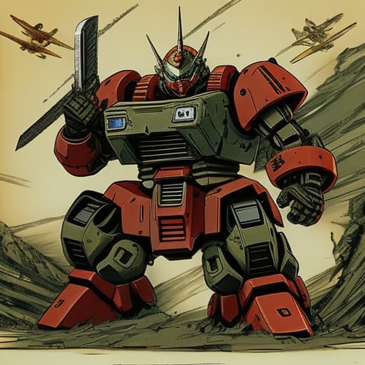  I'd combine the Zaku and the Gundam, give it a full-on bad guy look, give it lots of weapons, a big clawed arm for the right hand, a chainsaw for the left hand, jets for the legs, a robot...