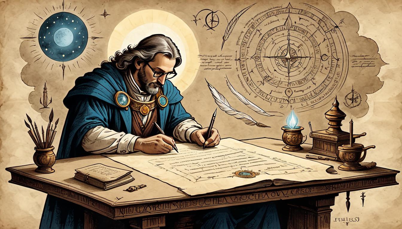  on parchment, surrealism+++, A writer at a desk, illuminated by a halo of light, quill in hand, celestial symbols emerging from parchment, inspiration, creativity, guided by dreams(mysterious, provocative, symbolic,muted color)+++