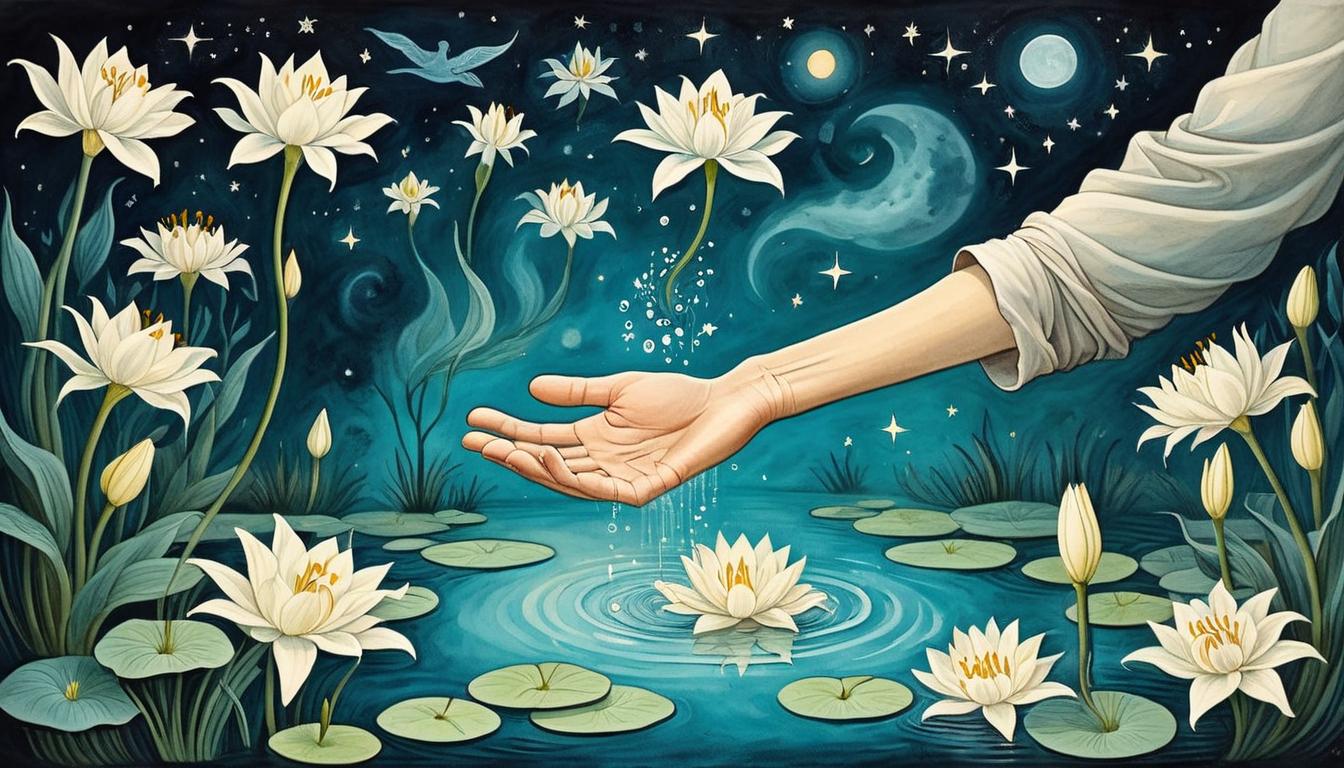  on parchment, surrealism+++, Hand reaching out of a celestial pool of water, in the night, surrounded by luminous lilies, ethereal, transformative, uplifting, celestial essence, serene and calming(mysterious, provocative, symbolic,muted color)+++