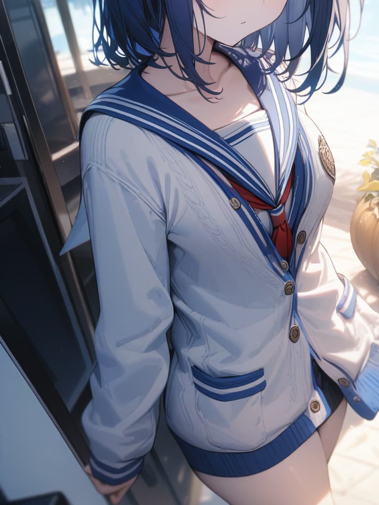  Cute, , blue hair, blue eyes, short bob, thin body, white skin, sauce, , blueberry decoration, cardigan, sailor suit, masterpiece, best quality,8k,ultra detailed,high resolution,an extremely delicate and beautiful,hyper detail