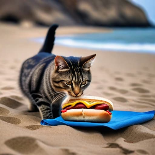  a cat is eating hotdog on the beach hyperrealistic, full body, detailed clothing, highly detailed, cinematic lighting, stunningly beautiful, intricate, sharp focus, f/1. 8, 85mm, (centered image composition), (professionally color graded), ((bright soft diffused light)), volumetric fog, trending on instagram, trending on tumblr, HDR 4K, 8K