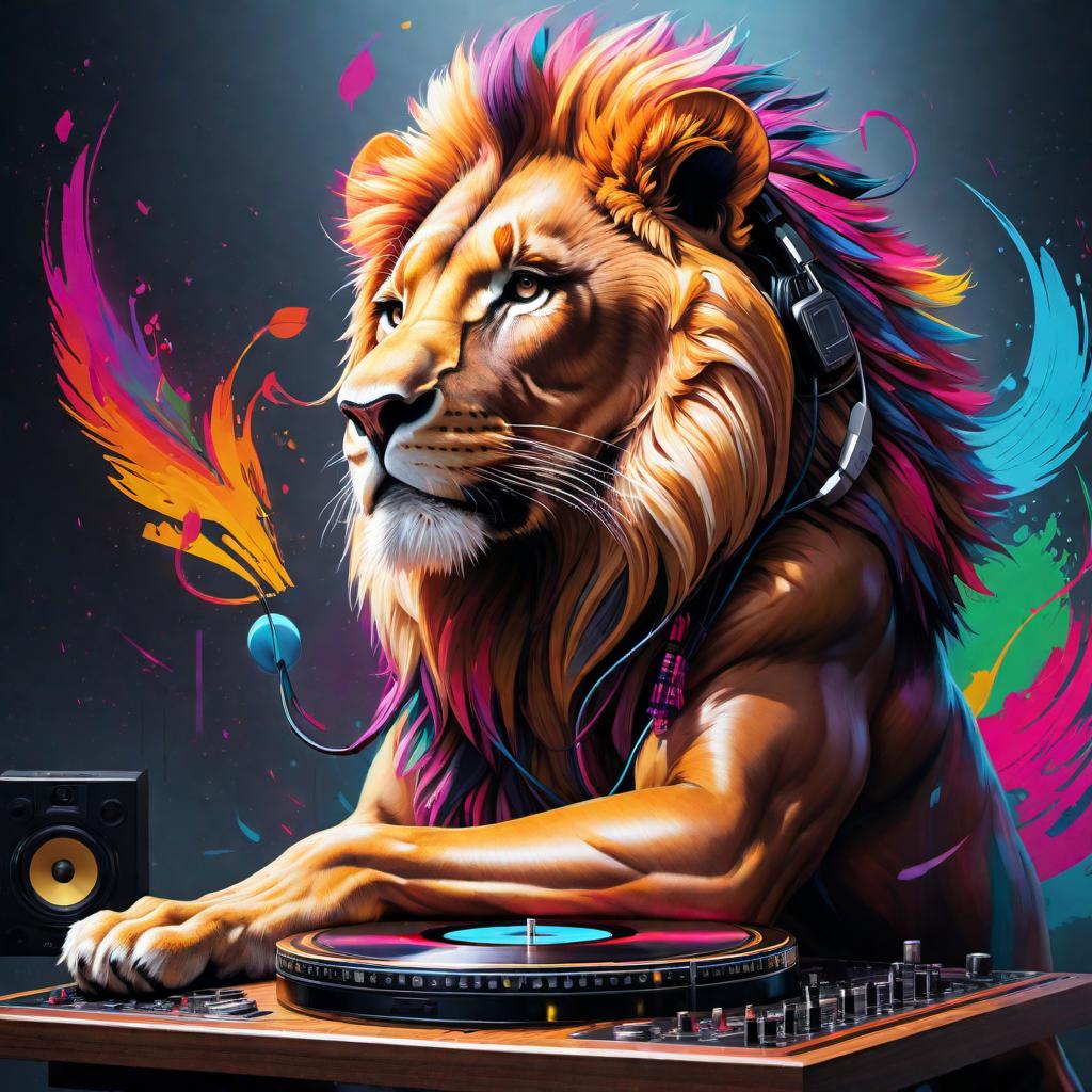  Transform the image of a half-man, half-lion DJ into an abstract art piece. Emphasize the musical elements by incorporating instruments like turntables, headphones, notes, and speakers around the character. Use vibrant and bold colors, with swirling, dynamic lines to create a sense of movement and rhythm. The background should be a blend of psychedelic patterns and musical notes, giving the whole artwork a sense of energy and creativity. hyperrealistic, full body, detailed clothing, highly detailed, cinematic lighting, stunningly beautiful, intricate, sharp focus, f/1. 8, 85mm, (centered image composition), (professionally color graded), ((bright soft diffused light)), volumetric fog, trending on instagram, trending on tumblr, HDR 4K, 8K