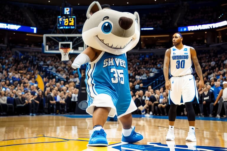  a shark mascot wearing a white and blue Waves basketball jersey in the court holding a "Thanks for Listening!" Sign