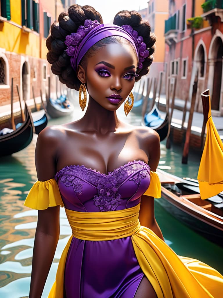  (best quality, masterpiece, colorful, highest detailed) upper body photo, fashion photography of cute photo of a beautiful, black skin, dark skin, African supermodel, purple makeup, dawn, Venice, gondola, colorful dress, yellow&purple theme, Porta 160 color, shot on Leica T, sharp focus on subject, shot by Anne Geddes, (cinematic, purple and yellow:0.85), (vibrant color), (intricate details), (dynamic angle) hyperrealistic, full body, detailed clothing, highly detailed, cinematic lighting, stunningly beautiful, intricate, sharp focus, f/1. 8, 85mm, (centered image composition), (professionally color graded), ((bright soft diffused light)), volumetric fog, trending on instagram, trending on tumblr, HDR 4K, 8K