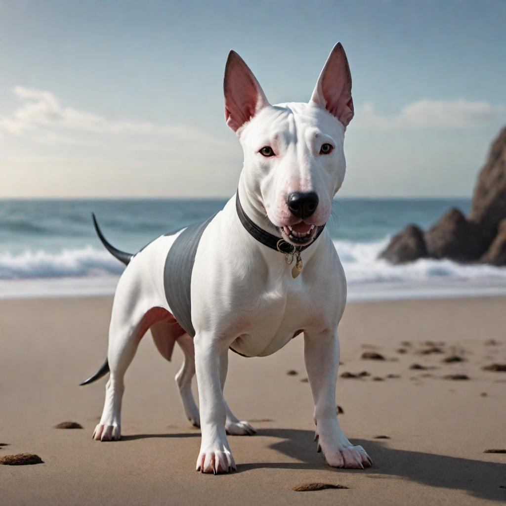  A bull terrier mixed with a shark, showcasing elements of both animals. The creature has the body and stance of a bull terrier with the sleek, streamlined features and fin of a shark. The skin texture combines fur and scales, and it has a friendly yet fierce expression. hyperrealistic, full body, detailed clothing, highly detailed, cinematic lighting, stunningly beautiful, intricate, sharp focus, f/1. 8, 85mm, (centered image composition), (professionally color graded), ((bright soft diffused light)), volumetric fog, trending on instagram, trending on tumblr, HDR 4K, 8K