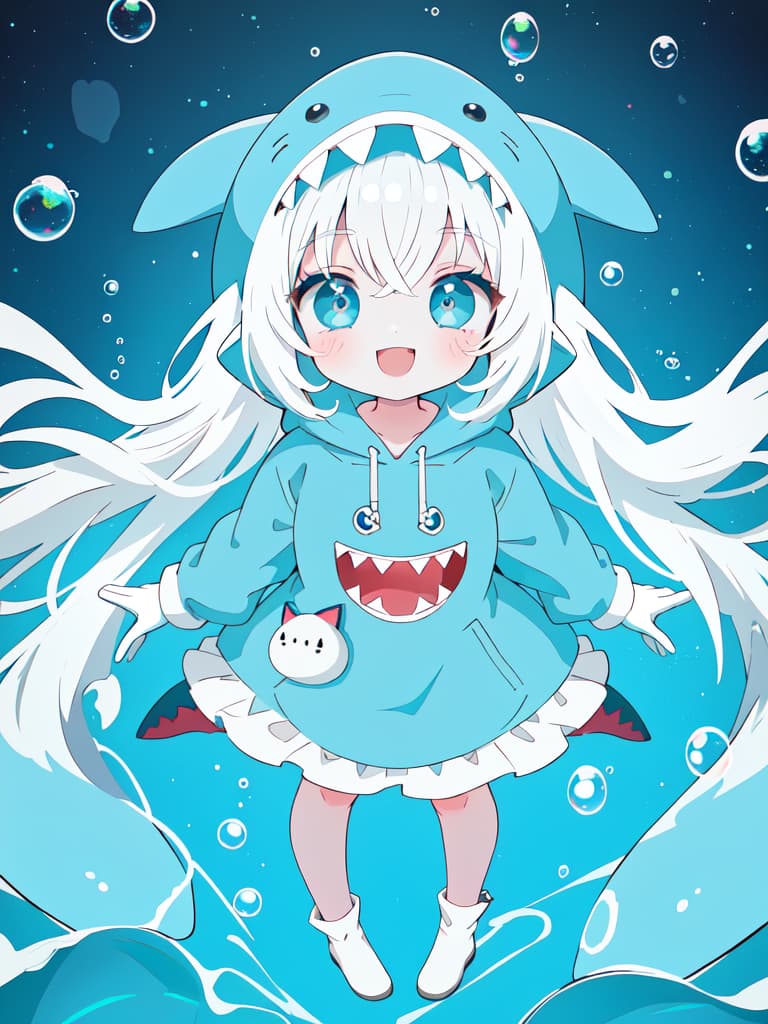  popart,flat color,A girl,shark gloves,(shark mascot hoodie),BREAK.cute,tween,in deep sea,shiny skin,whole body,smile,(bubble:1.3),deepsea background,(best quality,masterpiece,ultra highres,ultra detailed:1.2) ,, masterpiece, best quality,8k,ultra detailed,high resolution,an extremely delicate and beautiful,hyper detail