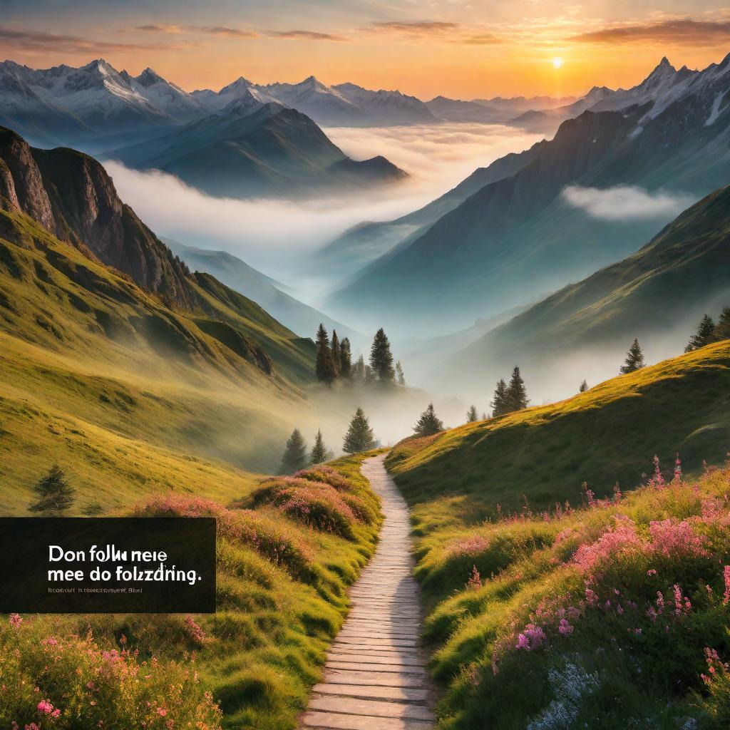  A motivational image featuring an inspiring landscape, such as a sunrise over mountains or a path leading into a bright horizon. Include the quote 'Don’t Follow Me, Follow Your Dreams' prominently on the picture with an elegant and uplifting font. hyperrealistic, full body, detailed clothing, highly detailed, cinematic lighting, stunningly beautiful, intricate, sharp focus, f/1. 8, 85mm, (centered image composition), (professionally color graded), ((bright soft diffused light)), volumetric fog, trending on instagram, trending on tumblr, HDR 4K, 8K