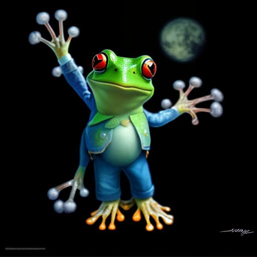 mdjrny-v4 style (a frog wearing blue jean), full body, Ghibli style, Anime, vibrant colors, HDR, Enhance, ((plain black background)), masterpiece, highly detailed, 4k, HQ, separate colors, bright colors