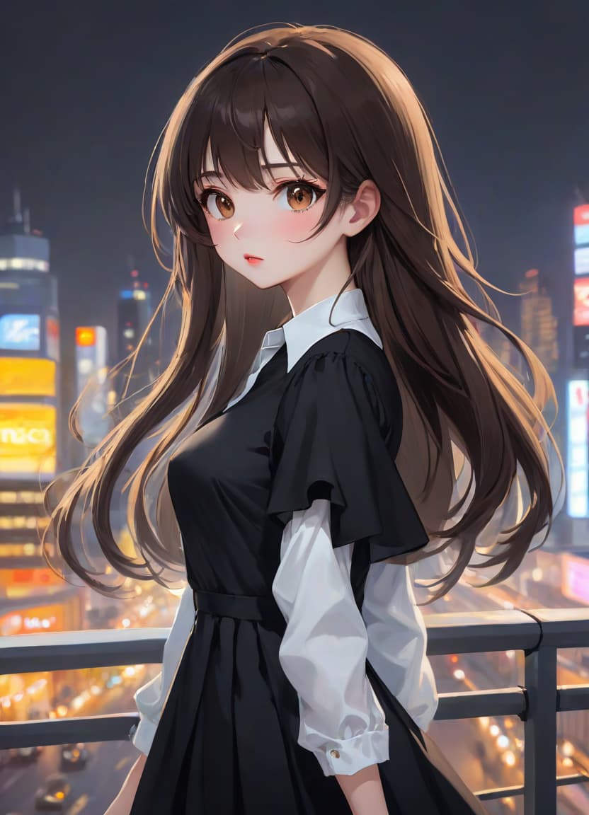  anime artwork beautiful , , oblique bangs, a mole under the lower lip in the middle of the chin. white skinned, European, brown eyes, long brown straight hair, side bangs, mole under the lower lip, slender figure, small neat s, dressed in a black dress with a white collar and white cuffs, full length, against the backdrop of a modern city. Skyscrs of Moscow City (photorealism, oil painting: 1.3), (full length shot: 1.3), charming , long flowing black hair, (large sensual mouth: 1.2), plump lips, sparkling brown eyes , narrow waist, (sensual drawing: 1.2), silvery glow, ethereal aura, detailed brushwork, intricate shadows and highlights, mysterious and captivating expression, unique color palette, masterf hyperrealistic, full body, detailed clothing, highly detailed, cinematic lighting, stunningly beautiful, intricate, sharp focus, f/1. 8, 85mm, (centered image composition), (professionally color graded), ((bright soft diffused light)), volumetric fog, trending on instagram, trending on tumblr, HDR 4K, 8K