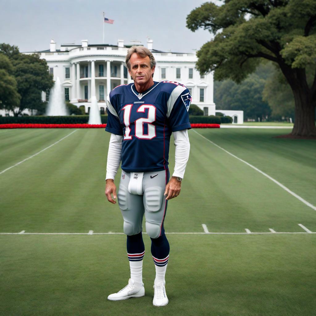  Robert F. Kennedy Jr. wearing a New England Patriots jersey and standing on the White House football field, holding a football. The background should prominently feature the White House. hyperrealistic, full body, detailed clothing, highly detailed, cinematic lighting, stunningly beautiful, intricate, sharp focus, f/1. 8, 85mm, (centered image composition), (professionally color graded), ((bright soft diffused light)), volumetric fog, trending on instagram, trending on tumblr, HDR 4K, 8K