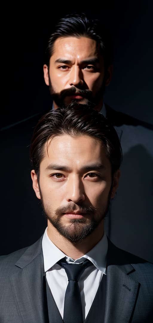  Best quality, masterpiece, ultra high res, (photorealistic:1.4), raw photo, (detail face:1.3), (realistic skin), deep shadow, dramatic lighting, handsome, masculine, a man, rugged beard, strong jawline, muscular, confident posture, chiseled features, charismatic smile, dapper suit, athletic build, striking gaze, gentlemanly, suave, well-groomed, ruggedly handsome, charming, debonair, sophisticated, alluring, deep shadow, dramatic lighting, portrait, portrait size, unedited, symmetrical balance