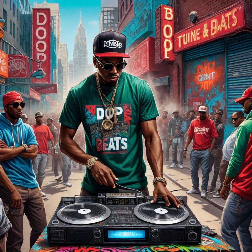  A vibrant hip hop art scene featuring graffiti, boomboxes, and street dancers. Include elements like turntables, microphones, and stylized text with words 'Dope Beats' in a cool, urban font. Use bold colors like reds, blues, and greens to highlight the energy and culture of hip hop. hyperrealistic, full body, detailed clothing, highly detailed, cinematic lighting, stunningly beautiful, intricate, sharp focus, f/1. 8, 85mm, (centered image composition), (professionally color graded), ((bright soft diffused light)), volumetric fog, trending on instagram, trending on tumblr, HDR 4K, 8K