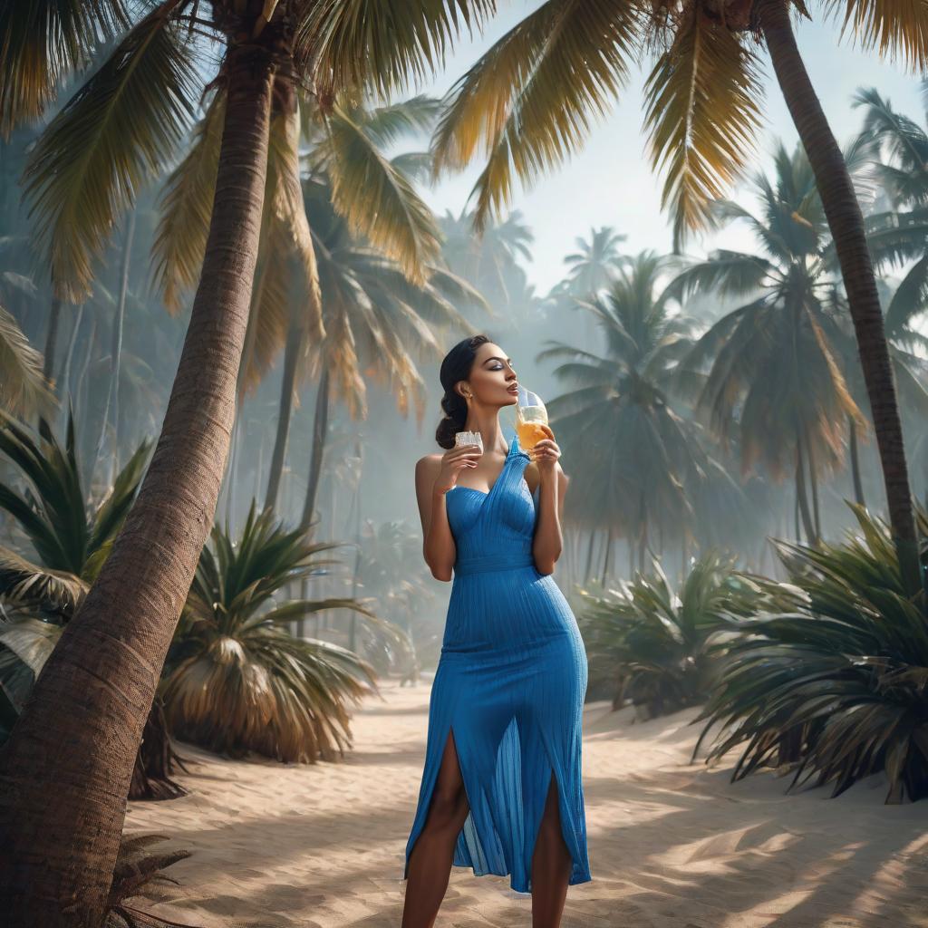  a woman stands tall in a blue dress, leans against a palm tree and drinks from a coconut hyperrealistic, full body, detailed clothing, highly detailed, cinematic lighting, stunningly beautiful, intricate, sharp focus, f/1. 8, 85mm, (centered image composition), (professionally color graded), ((bright soft diffused light)), volumetric fog, trending on instagram, trending on tumblr, HDR 4K, 8K