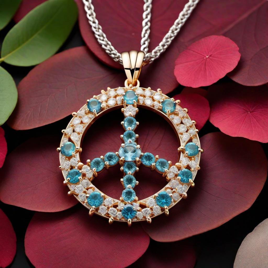  A peace symbol pendant designed with flower-shaped stone settings. The pendant features a combination of round cut, trillion cut, and marquise cut gemstones. The stones are strategically placed to form flower patterns around the peace symbol. The overall appearance should be elegant and harmonious, with the different cuts of the stones enhancing the design. hyperrealistic, full body, detailed clothing, highly detailed, cinematic lighting, stunningly beautiful, intricate, sharp focus, f/1. 8, 85mm, (centered image composition), (professionally color graded), ((bright soft diffused light)), volumetric fog, trending on instagram, trending on tumblr, HDR 4K, 8K