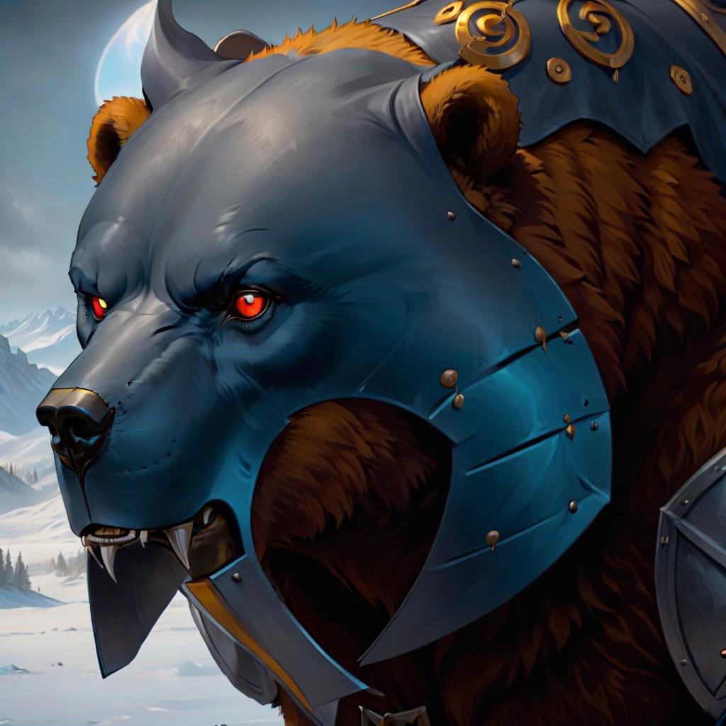  role playing game (RPG) style fantasy armored bear in metal mask with eye slots, concept art, art, marvel comics . detailed, vibrant, immersive, reminiscent of high fantasy RPG games, on parchment hyperrealistic, full body, detailed clothing, highly detailed, cinematic lighting, stunningly beautiful, intricate, sharp focus, f/1. 8, 85mm, (centered image composition), (professionally color graded), ((bright soft diffused light)), volumetric fog, trending on instagram, trending on tumblr, HDR 4K, 8K