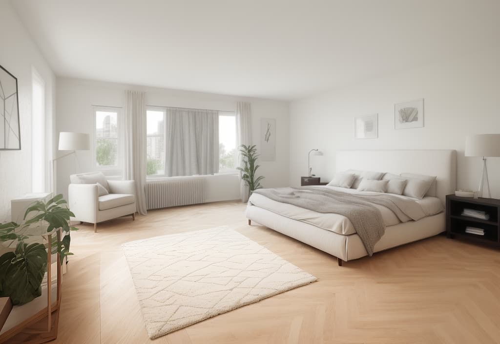  Living Room, Cozy, comfortable, family time, relaxation, entertainment, decor, furniture, lighting The room depicted in the image exhibits a minimalist and contemporary living room theme, emphasizing clean lines and neutral tones. Contemporary minimalist living room with a white sectional sofa, wooden accent chairs, geometric rug, and large leaf artwork. minimalist, contemporary, living room, white sectional sofa, wooden accent chairs, geometric rug, large leaf artwork