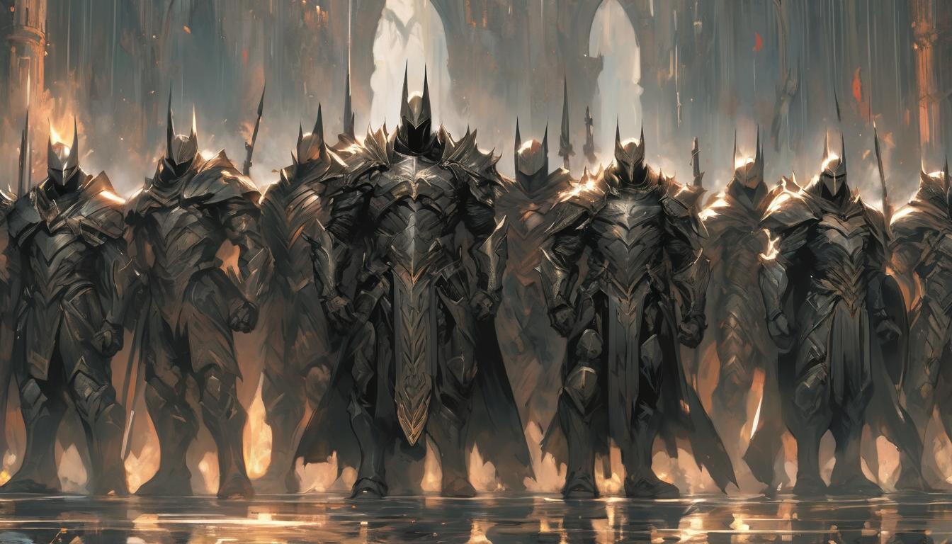  hyperrealism,fantasy aestheticKnights standing in formation, banners of justice raised high, expressions of unity and loyalty, strong medieval setting, harmonious, loyal, high tech clothing clad in sleek, futuristic costume with metallic accents and form fitting designs, marvel superhero comics style, unreal engine rendering