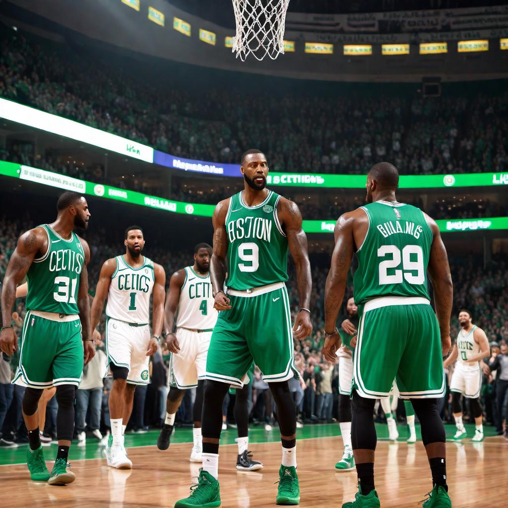  A dynamic scene of the Boston Celtics closing out a basketball series against the Dallas Mavericks tonight. The Celtics players are celebrating on the court with fans cheering in the background while the Mavericks players show signs of disappointment. The scoreboard shows the final score indicating the Celtics' victory. The setting is an indoor basketball arena with vibrant lights and team banners. hyperrealistic, full body, detailed clothing, highly detailed, cinematic lighting, stunningly beautiful, intricate, sharp focus, f/1. 8, 85mm, (centered image composition), (professionally color graded), ((bright soft diffused light)), volumetric fog, trending on instagram, trending on tumblr, HDR 4K, 8K