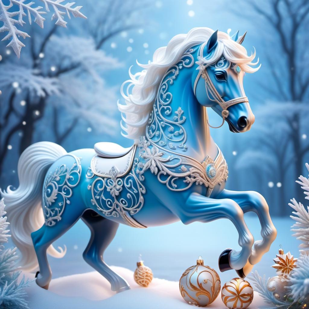  ethereal fantasy concept art of Digital image (double exposure). An attraction in a park. A carousel of ice ponies spinning to the rhythm of a blizzard. Manes of thin openwork snowflakes. Sparkling, sparkling blue neon. Shades of white to blue. (Christmas decor: candy, caramel, wreath, poisettia). Unusual designs, sparkling surfaces. Lots of snowflakes. White snow. Silver filigree, pattern. Stylisation, decorative. Background : surrealist abstraction. Stylistics : fantasy, fairy tale, Soviet animation. High quality. . magnificent, celestial, ethereal, painterly, epic, majestic, magical, fantasy art, cover art, dreamy, hkmagic hyperrealistic, full body, detailed clothing, highly detailed, cinematic lighting, stunningly beautiful, intricate, sharp focus, f/1. 8, 85mm, (centered image composition), (professionally color graded), ((bright soft diffused light)), volumetric fog, trending on instagram, trending on tumblr, HDR 4K, 8K