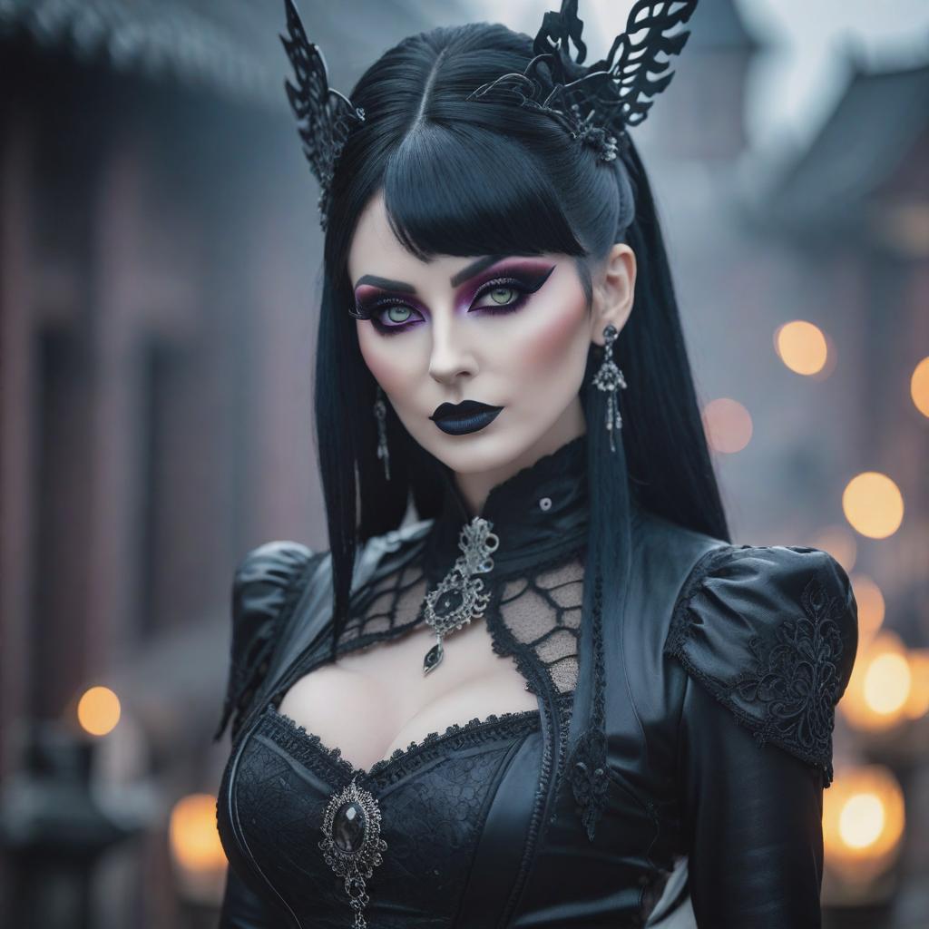  closeup portrait photo of beautiful goth woman, makeup, 8k uhd, high quality, dramatic, cinematic hyperrealistic, full body, detailed clothing, highly detailed, cinematic lighting, stunningly beautiful, intricate, sharp focus, f/1. 8, 85mm, (centered image composition), (professionally color graded), ((bright soft diffused light)), volumetric fog, trending on instagram, trending on tumblr, HDR 4K, 8K