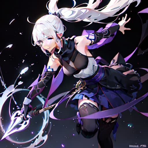  upper body, 1girl, white hair, ponytail, purple eyes, (ninja), short sword, medium breats ,scarf, wallpaper, magic circle background, light particles, blue fire hyperrealistic, full body, detailed clothing, highly detailed, cinematic lighting, stunningly beautiful, intricate, sharp focus, f/1. 8, 85mm, (centered image composition), (professionally color graded), ((bright soft diffused light)), volumetric fog, trending on instagram, trending on tumblr, HDR 4K, 8K