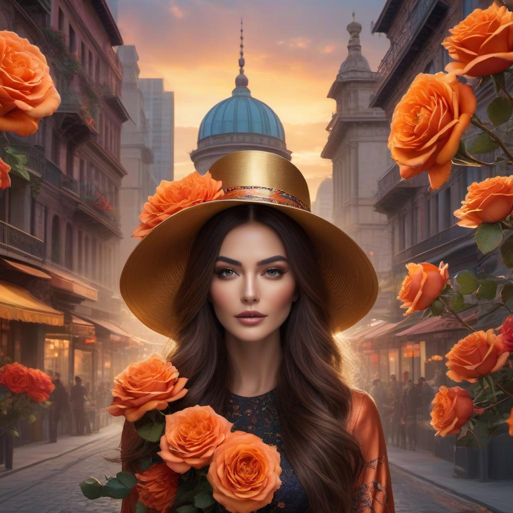  An artwork depicting a woman with colorful flowers in her hat, flowing hair, against a vibrant cityscape at dusk. a woman wearing a large artistic hat adorned with multicolored roses. Long, wavy hair descends from beneath the hat. design with golden edges. The background features dark silhouettes of buildings, forming an abstract cityscape. The sky above is a deep orange, creating a dramatic and warm scene. hyperrealistic, full body, detailed clothing, highly detailed, cinematic lighting, stunningly beautiful, intricate, sharp focus, f/1. 8, 85mm, (centered image composition), (professionally color graded), ((bright soft diffused light)), volumetric fog, trending on instagram, trending on tumblr, HDR 4K, 8K