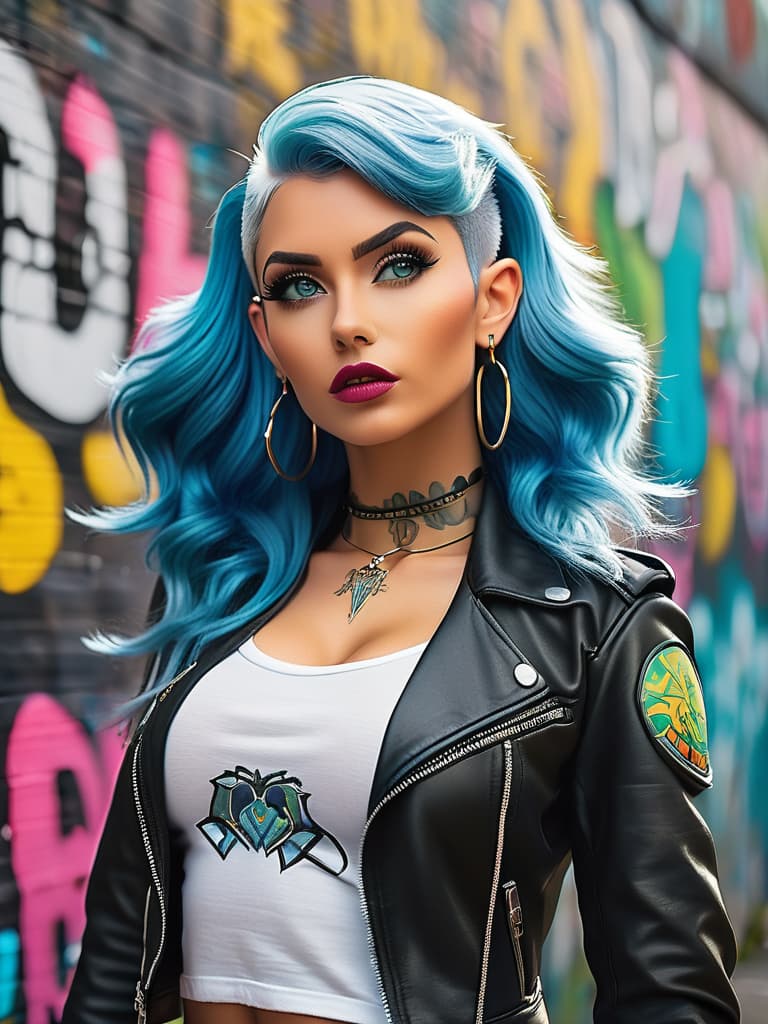  score 9,score 8 up, score 7 up, elf woman with blue hair, upper body, choker, black leather jacket, white t shirt, hoop earrings, lip ring, long hair, yellow eyes, graffiti wall <lora:PsyCartoonPony:1> hyperrealistic, full body, detailed clothing, highly detailed, cinematic lighting, stunningly beautiful, intricate, sharp focus, f/1. 8, 85mm, (centered image composition), (professionally color graded), ((bright soft diffused light)), volumetric fog, trending on instagram, trending on tumblr, HDR 4K, 8K