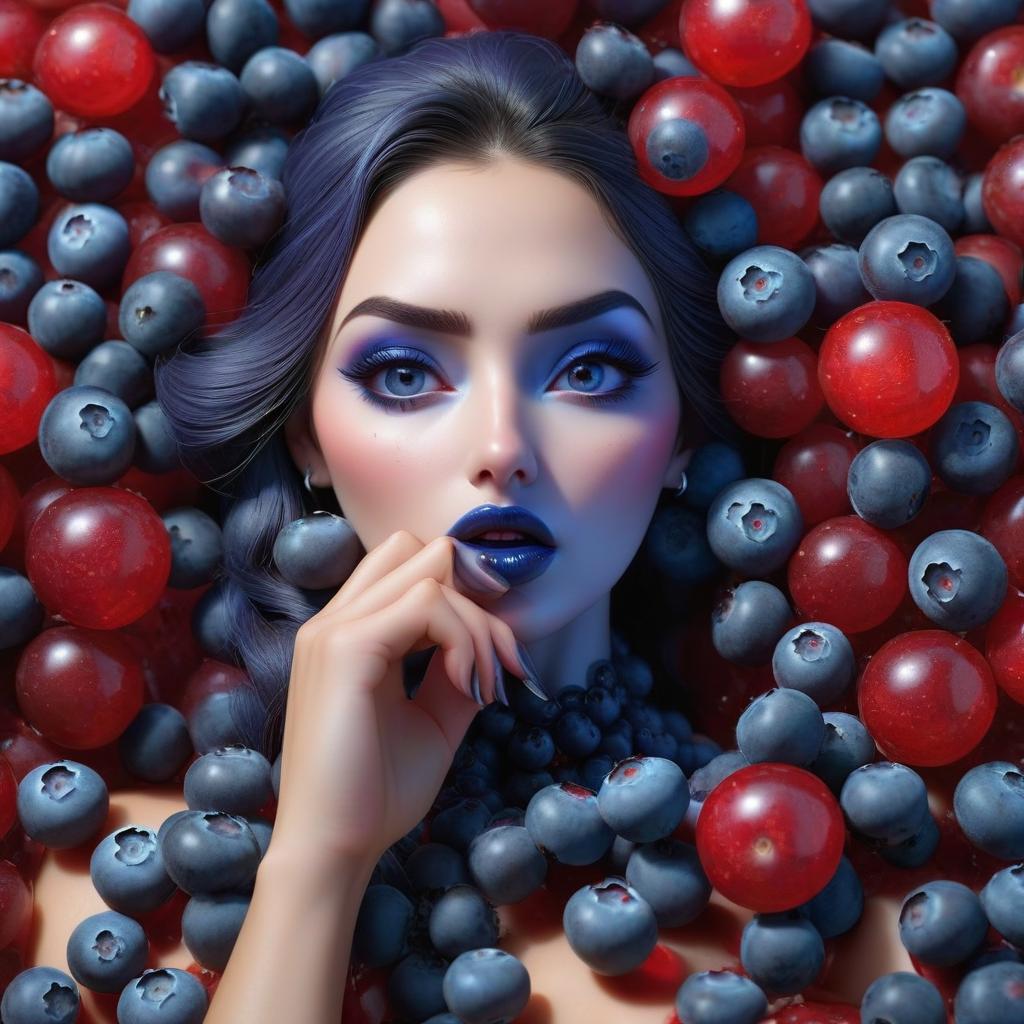  A live blueberry with a clear face swoops onto the screen, in her hand a red sphere in which many small blueberries swirl around hyperrealistic, full body, detailed clothing, highly detailed, cinematic lighting, stunningly beautiful, intricate, sharp focus, f/1. 8, 85mm, (centered image composition), (professionally color graded), ((bright soft diffused light)), volumetric fog, trending on instagram, trending on tumblr, HDR 4K, 8K