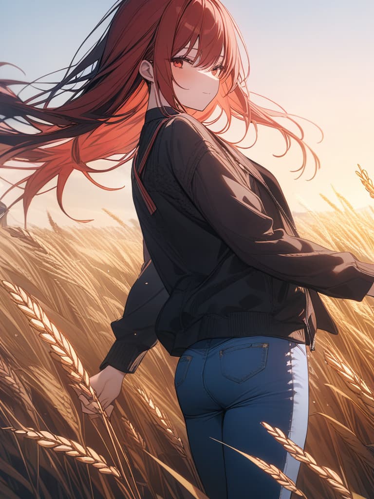  Red hair, long hair, jacket, jeans, women, wheat field, masterpiece, best quality,8k,ultra detailed,high resolution,an extremely delicate and beautiful,hyper detail