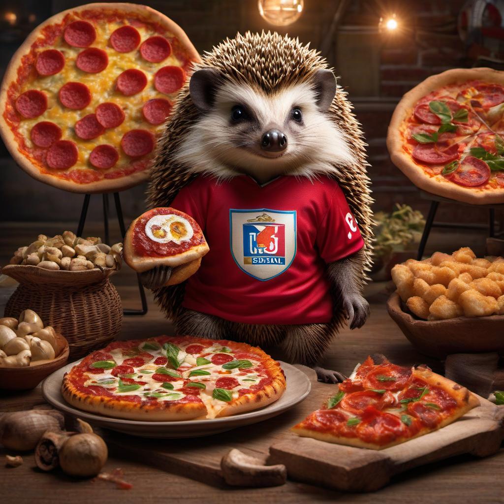  "The hedgehog wearing a football shirt with the logo 'Eurasia', holding a pizza." "The hedgehog in a football shirt with the 'Eurasia' logo holds a pizza." hyperrealistic, full body, detailed clothing, highly detailed, cinematic lighting, stunningly beautiful, intricate, sharp focus, f/1. 8, 85mm, (centered image composition), (professionally color graded), ((bright soft diffused light)), volumetric fog, trending on instagram, trending on tumblr, HDR 4K, 8K