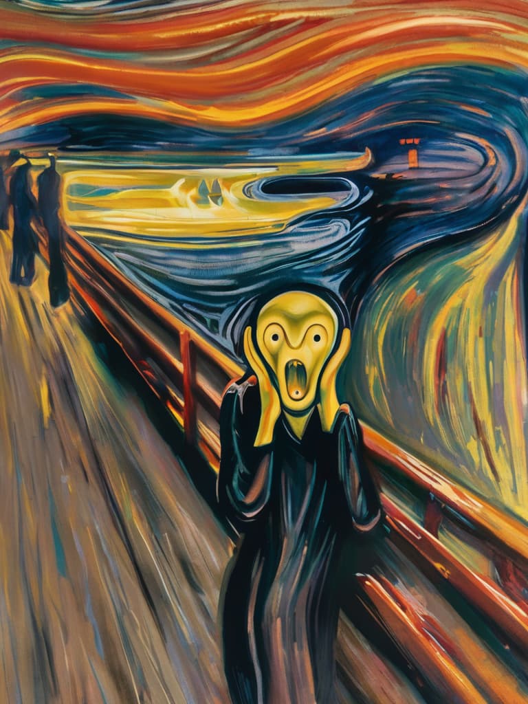  The Scream by Munch hyperrealistic, full body, detailed clothing, highly detailed, cinematic lighting, stunningly beautiful, intricate, sharp focus, f/1. 8, 85mm, (centered image composition), (professionally color graded), ((bright soft diffused light)), volumetric fog, trending on instagram, trending on tumblr, HDR 4K, 8K