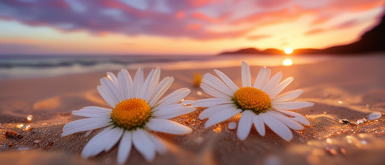  best quality, HD, Daisy on sand beach in close up with the sunset sky,