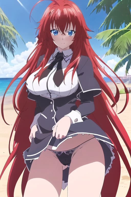  ,on the beach,sunny beautiful day,age,cameltoe,long hair,,realistic,anime style,one hand inside .,masterpiece, best quality, 1women, long red hair, looking at viewer, :3, cute, black uniform, outdoors, streets, cowboy shot, curvy, (((blue eyes))), rias gremory, red hair, antenna hair, wavy hair, ((beautiful detailed eyes, beautiful detailed glow, lots of glow)), anime screencap